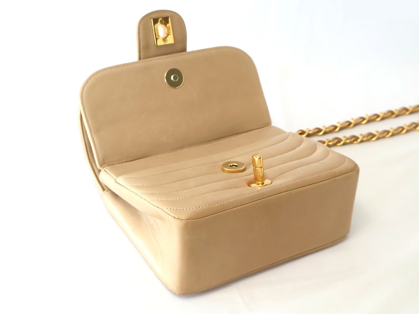 Mademoiselle Double Flap Chain Shoulder Bag, Beige — view 5