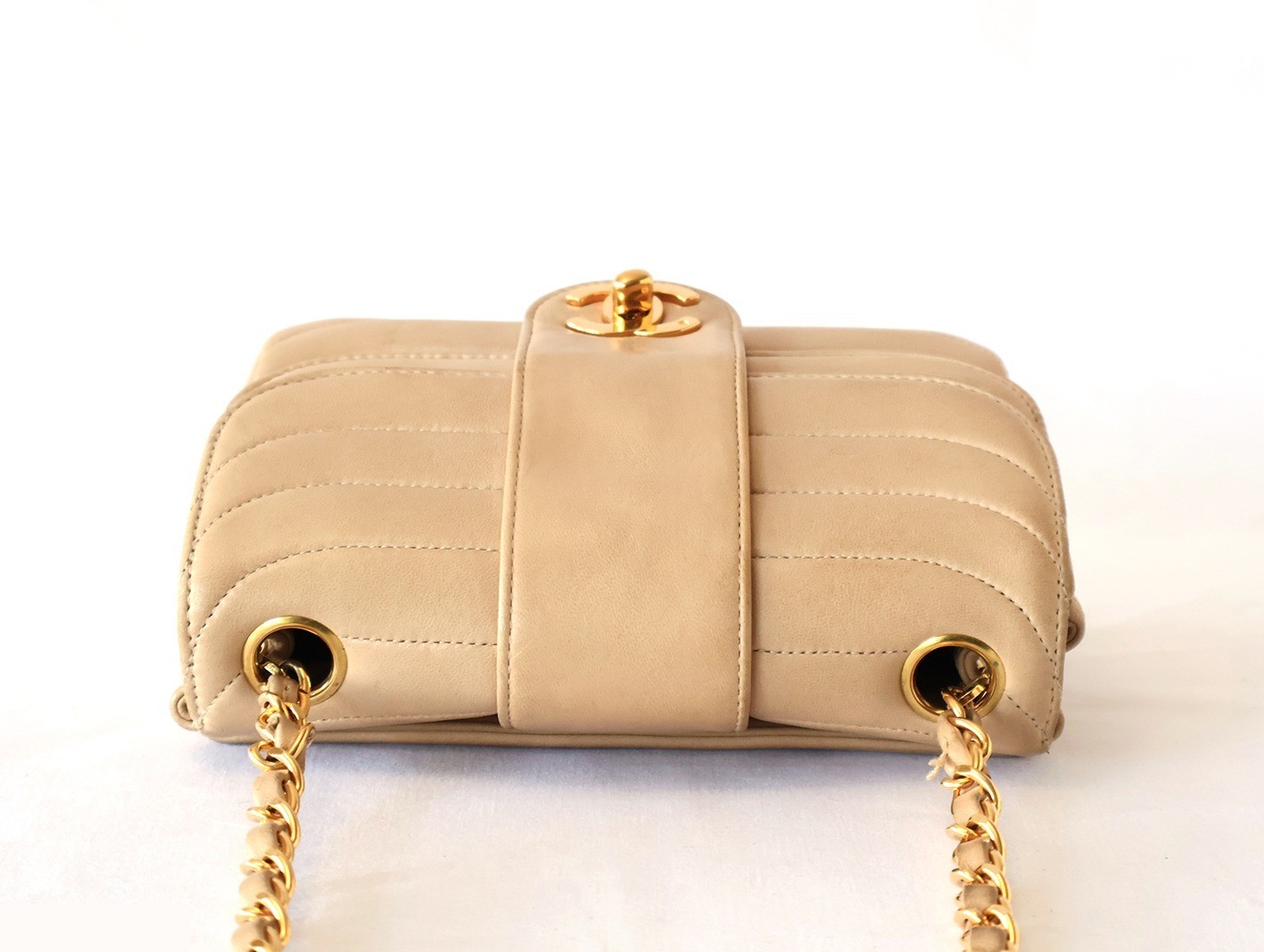 Mademoiselle Double Flap Chain Shoulder Bag, Beige — view 8