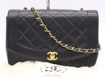 Lambskin Matelassé Diana 26 S Flap S Chain Shoulder Bag with Dust Bag and Seal, Gold Hardware, Black