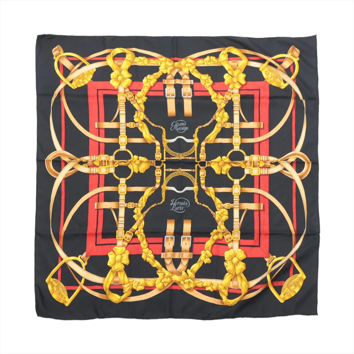 Carre 90 GRAND MANEGE (Grand Taming Technique) Scarf, Silk, Black. Shows signs of wear, including snags,