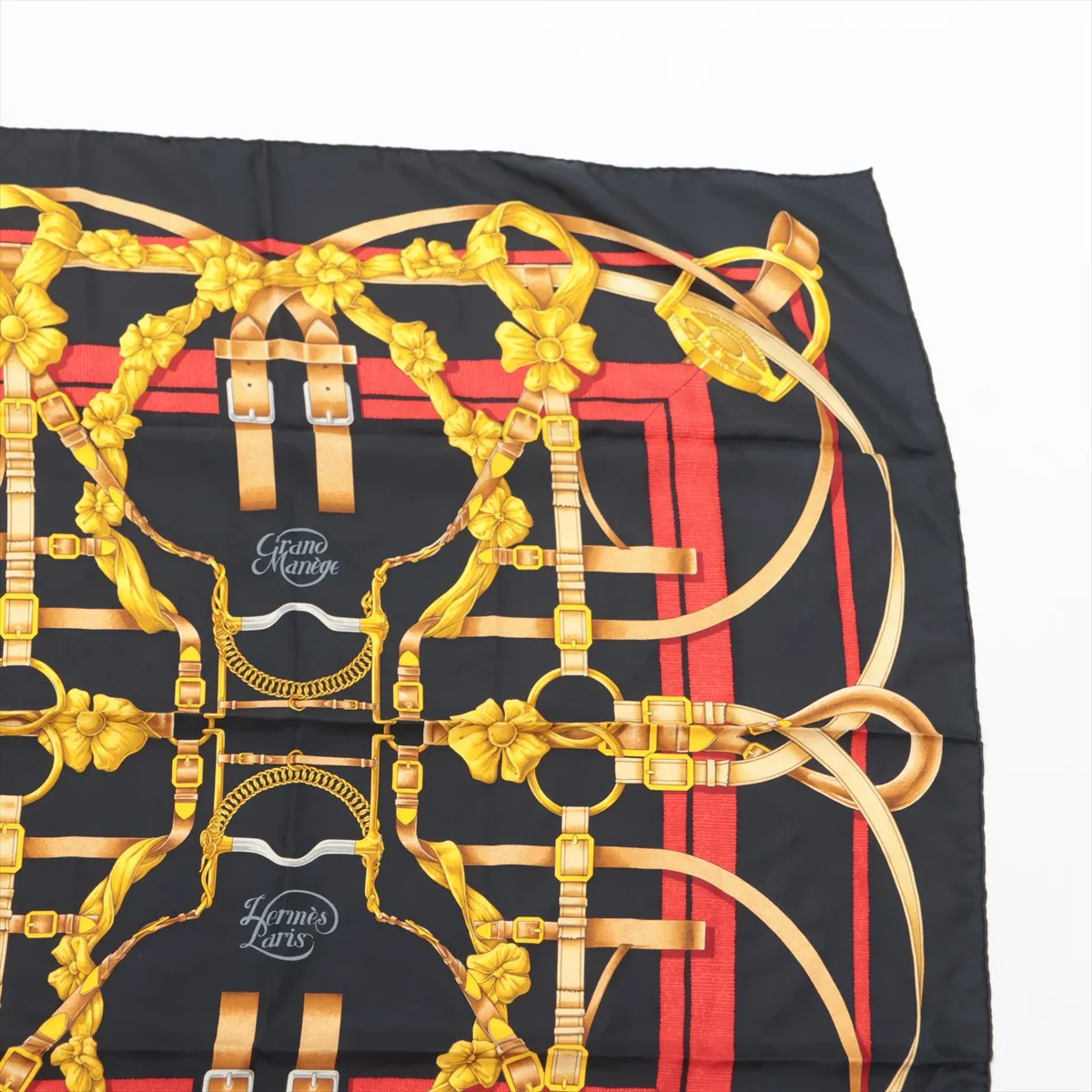 Carre 90 GRAND MANEGE (Grand Taming Technique) Scarf, Silk, Black. Shows signs of wear, including snags, — view 3