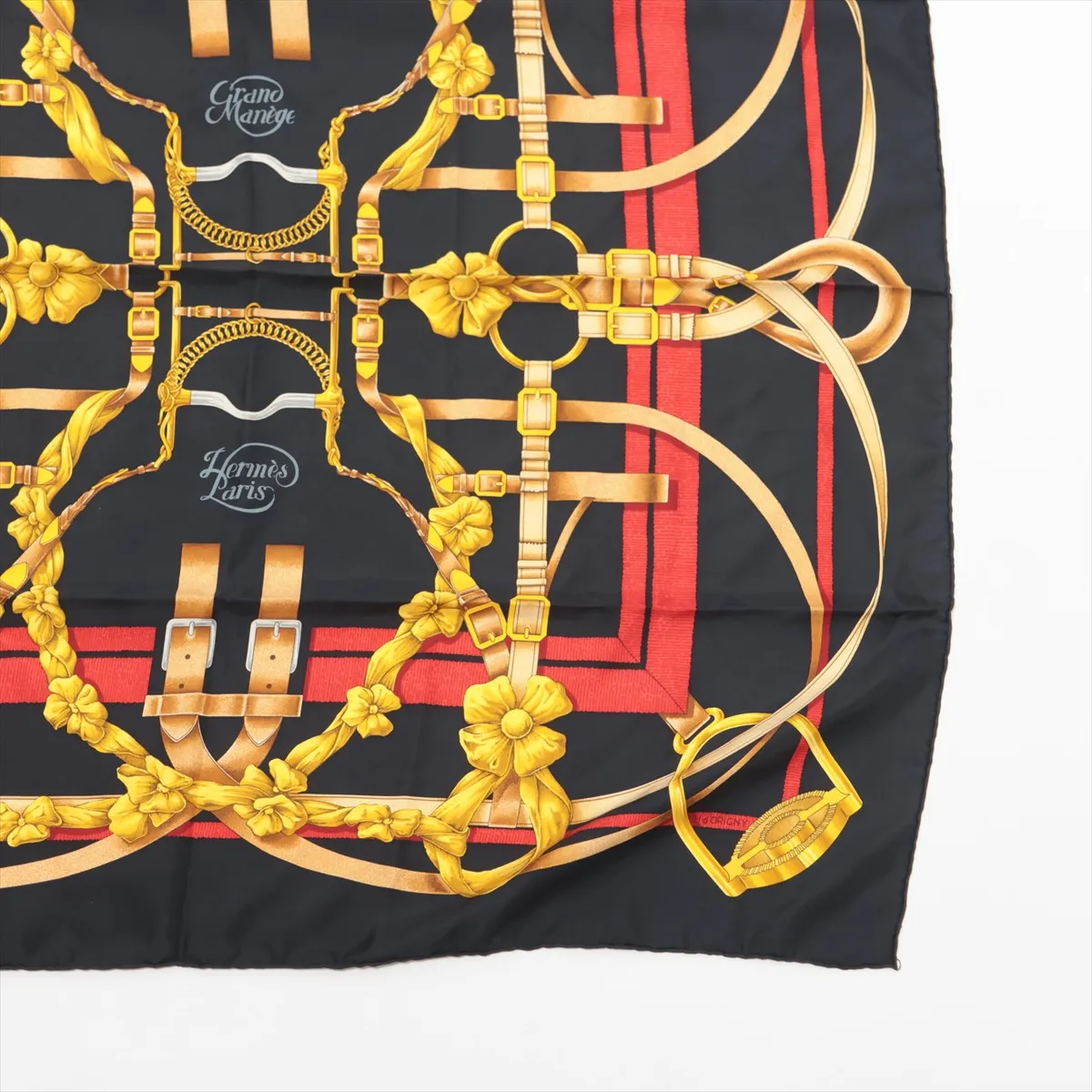Carre 90 GRAND MANEGE (Grand Taming Technique) Scarf, Silk, Black. Shows signs of wear, including snags, — view 4