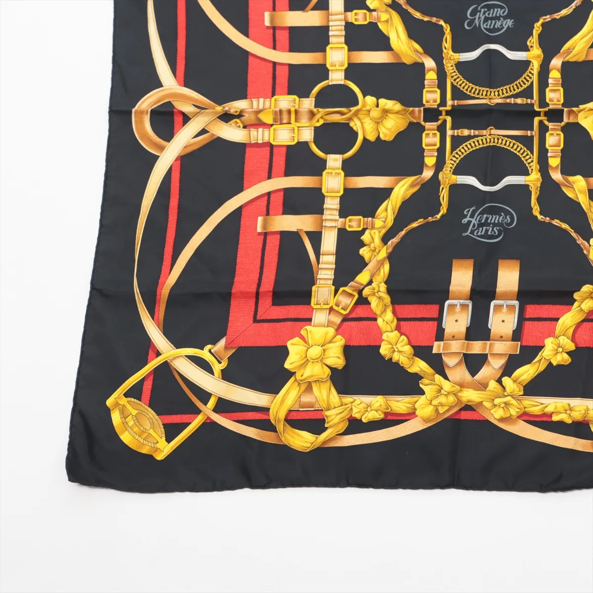 Carre 90 GRAND MANEGE (Grand Taming Technique) Scarf, Silk, Black. Shows signs of wear, including snags, — view 5