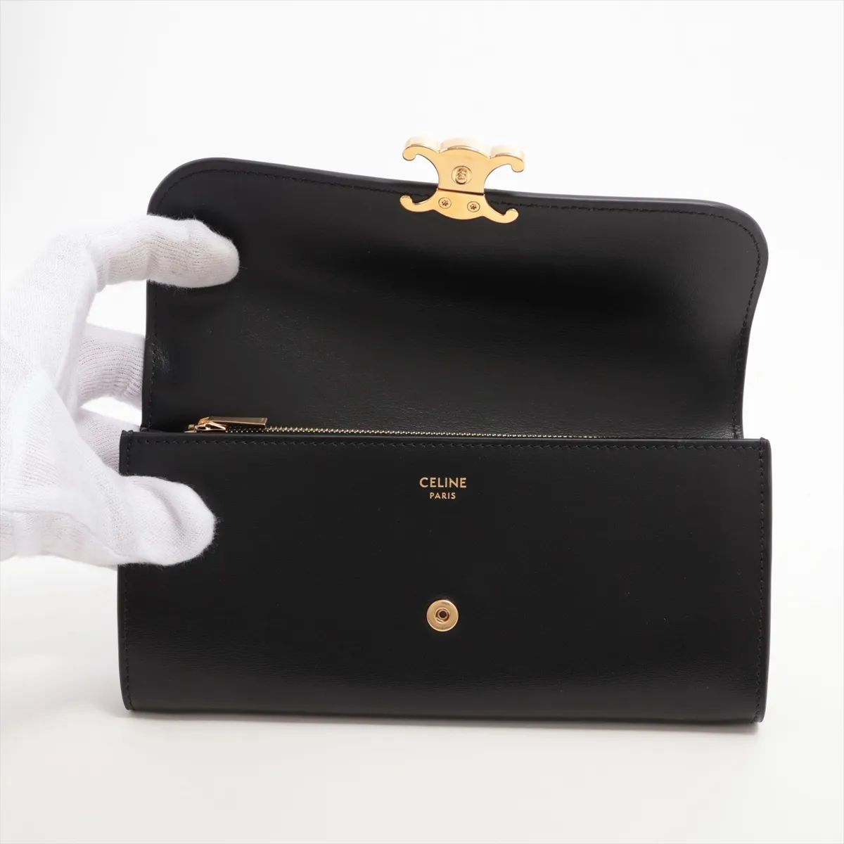 Triomphe Large Wallet Leather Long Wallet Black — view 3