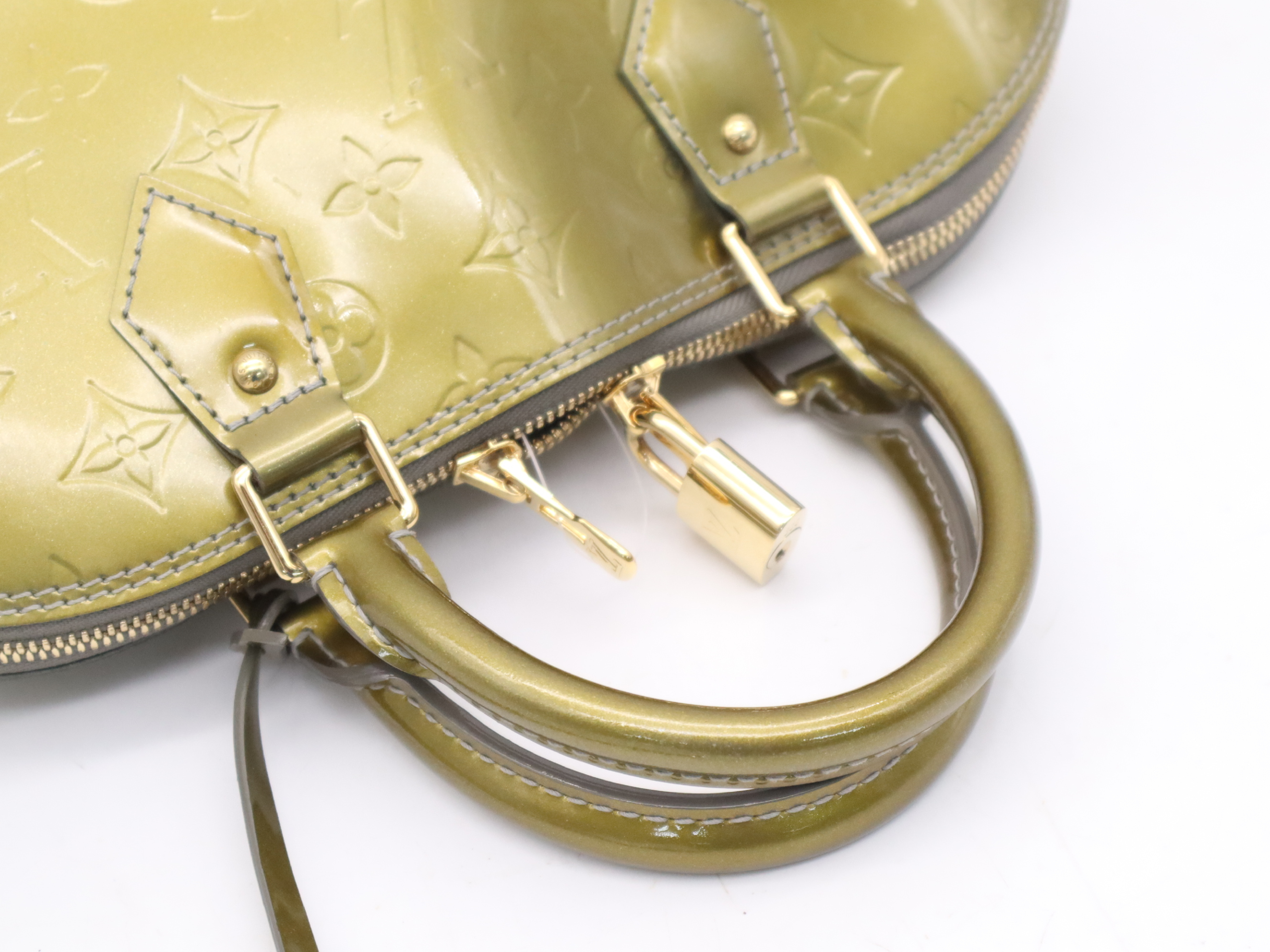 M91613 Monogram Vernis Alma PM Gris Art Deco Handbag with Padlock, 2 Keys, and Clochette — view 6