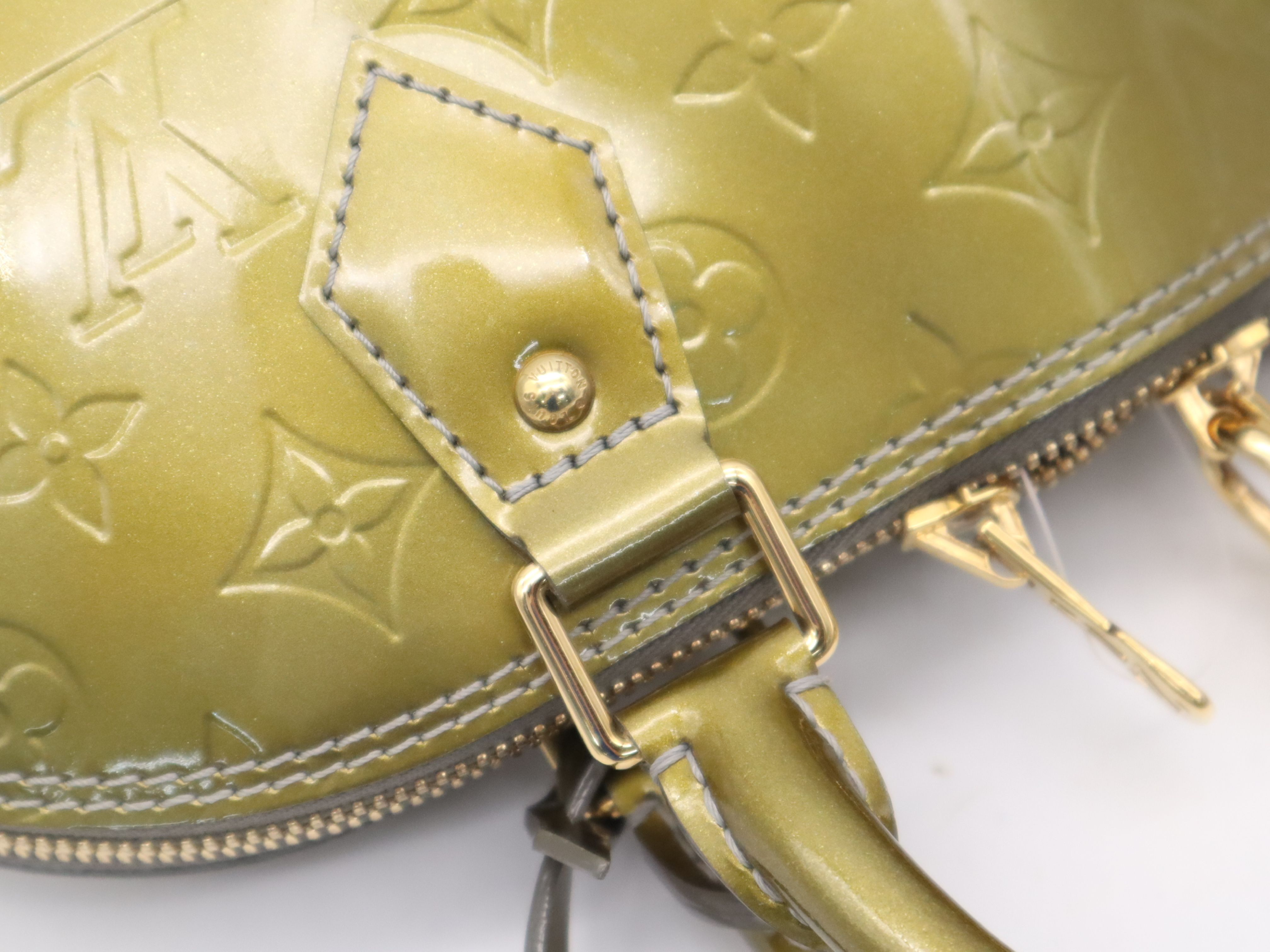 M91613 Monogram Vernis Alma PM Gris Art Deco Handbag with Padlock, 2 Keys, and Clochette — view 7
