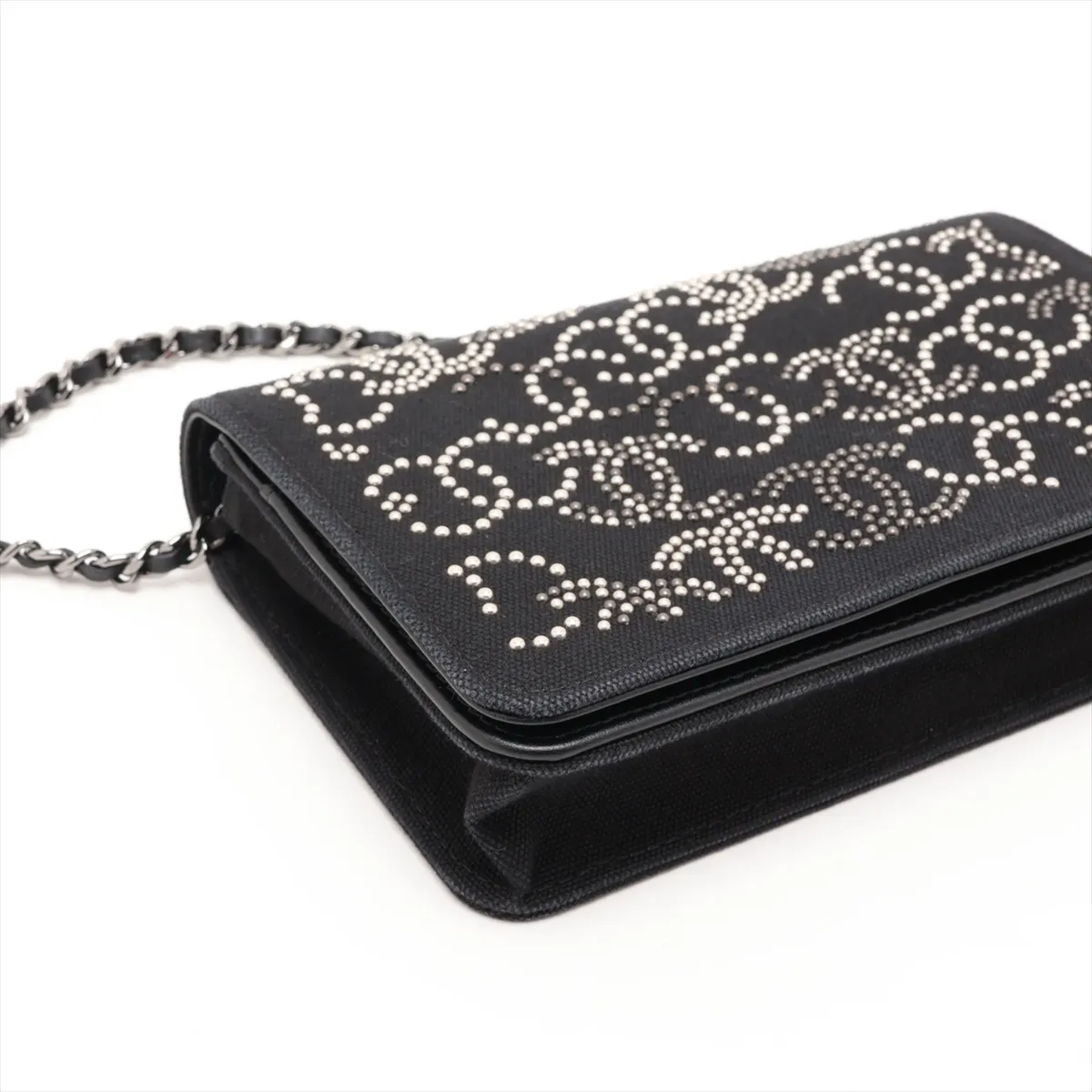 Coco Mark Canvas x Leather Chain Wallet, Studs, Black, Silver Hardware, 27411055, Serial Number in the 27s, Dust Bag Deteriorated — view 4