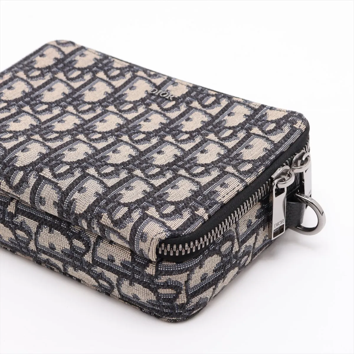 Oblique Zip Pouch Canvas x Leather Shoulder Bag Navy — view 3