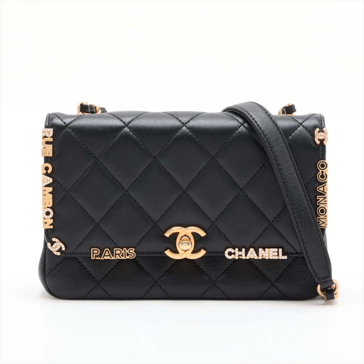 Matelassé Lambskin Chain Shoulder Bag, Pearl Black with Gold Hardware, H0PC601J, Random Plate