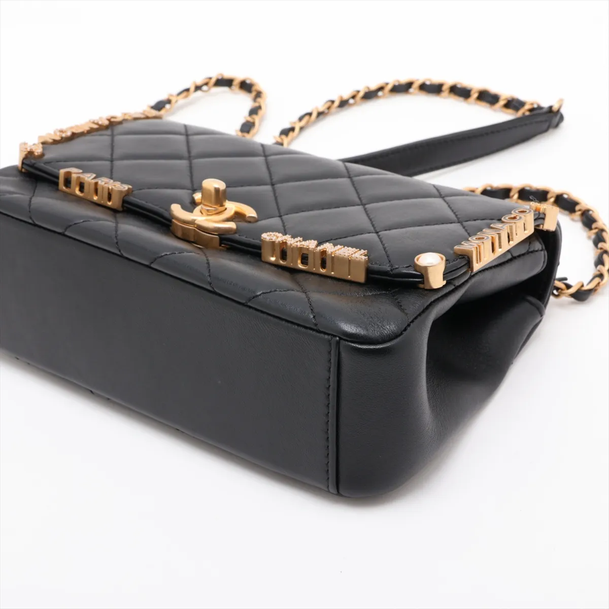 Matelassé Lambskin Chain Shoulder Bag, Pearl Black with Gold Hardware, H0PC601J, Random Plate — view 3