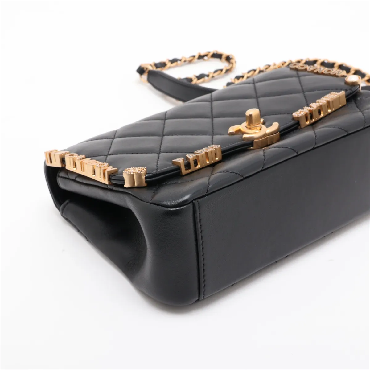 Matelassé Lambskin Chain Shoulder Bag, Pearl Black with Gold Hardware, H0PC601J, Random Plate — view 4