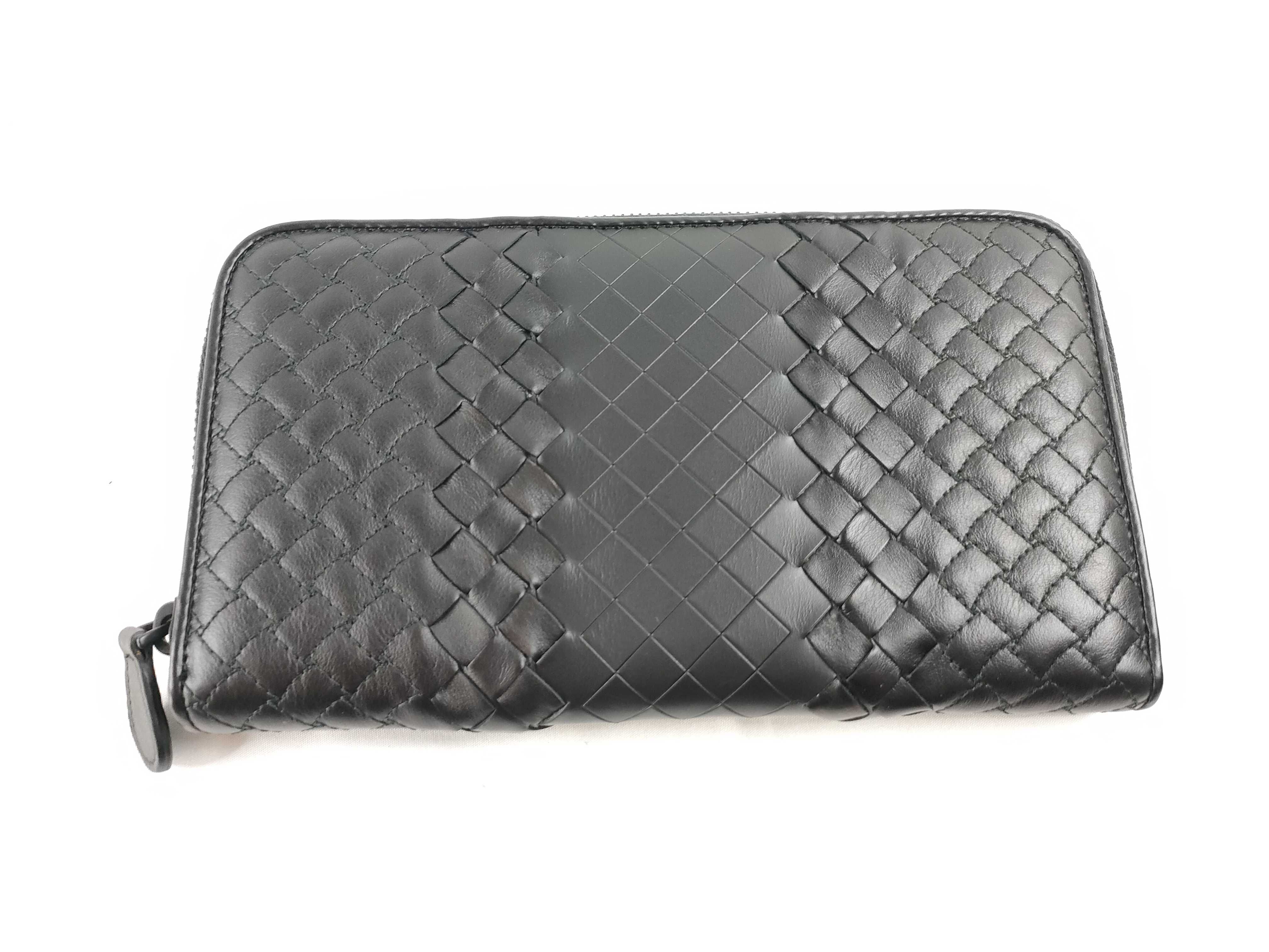 BV Black Braided Calfskin Long Wallet with Zipper Wallet