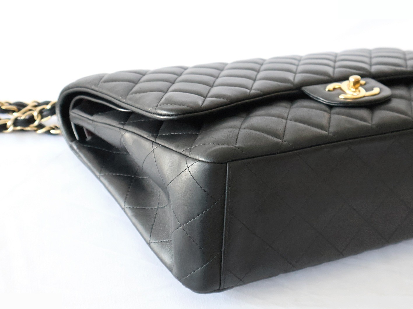 Large Matelassé Lambskin Double Flap Double Chain Shoulder Bag, Black — view 4