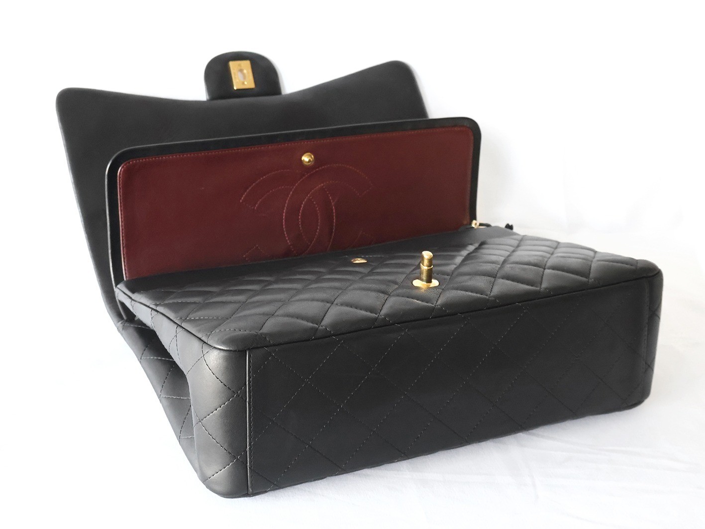 Large Matelassé Lambskin Double Flap Double Chain Shoulder Bag, Black — view 5