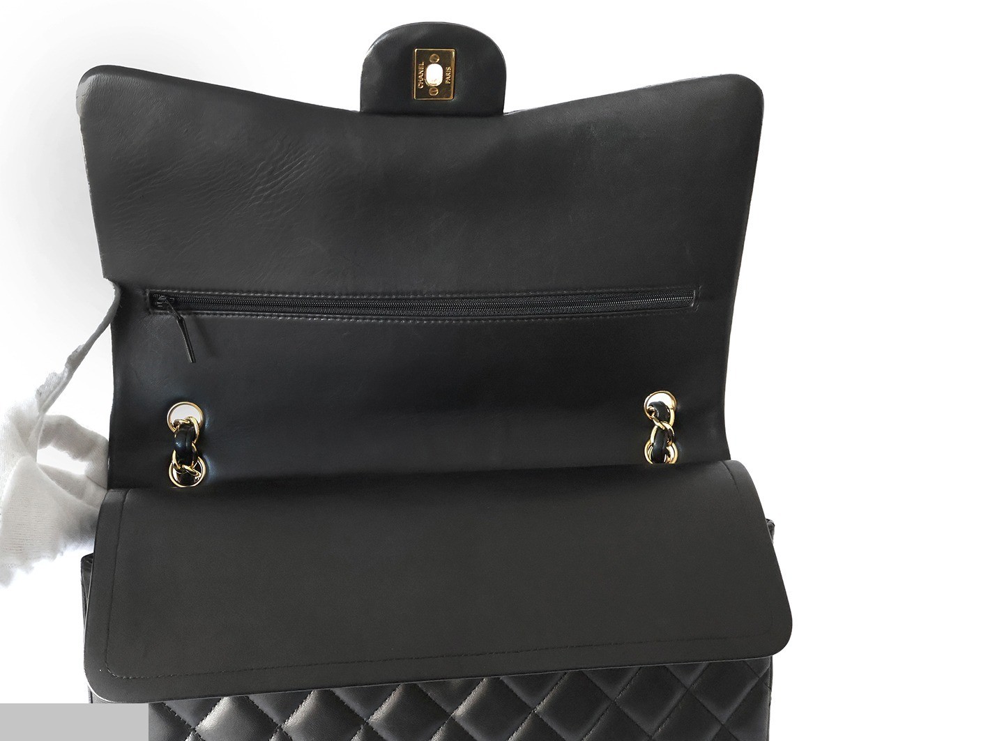 Large Matelassé Lambskin Double Flap Double Chain Shoulder Bag, Black — view 9
