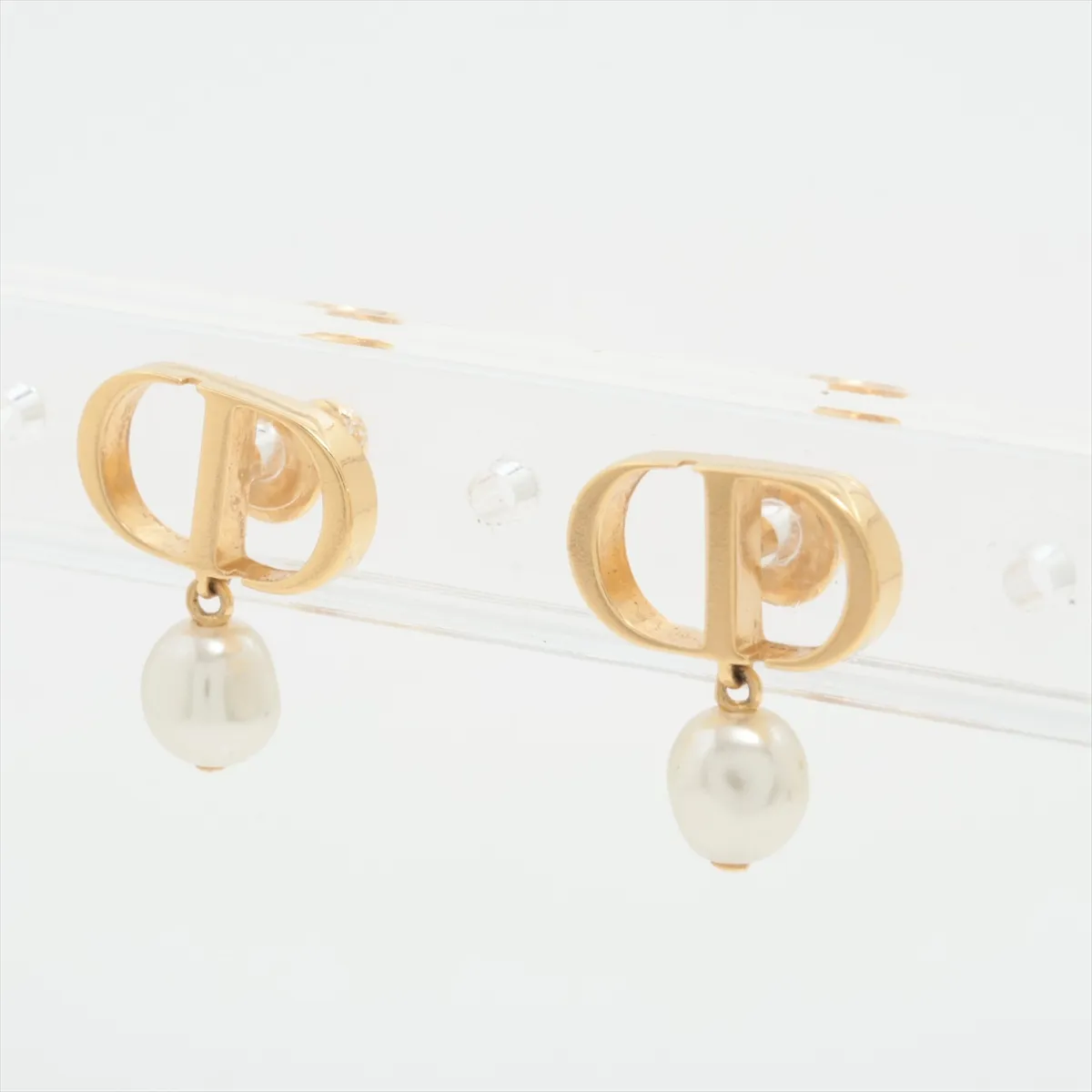 Petit CD earrings (for both ears), gold-plated with faux pearls. Shows signs of wear including — view 3