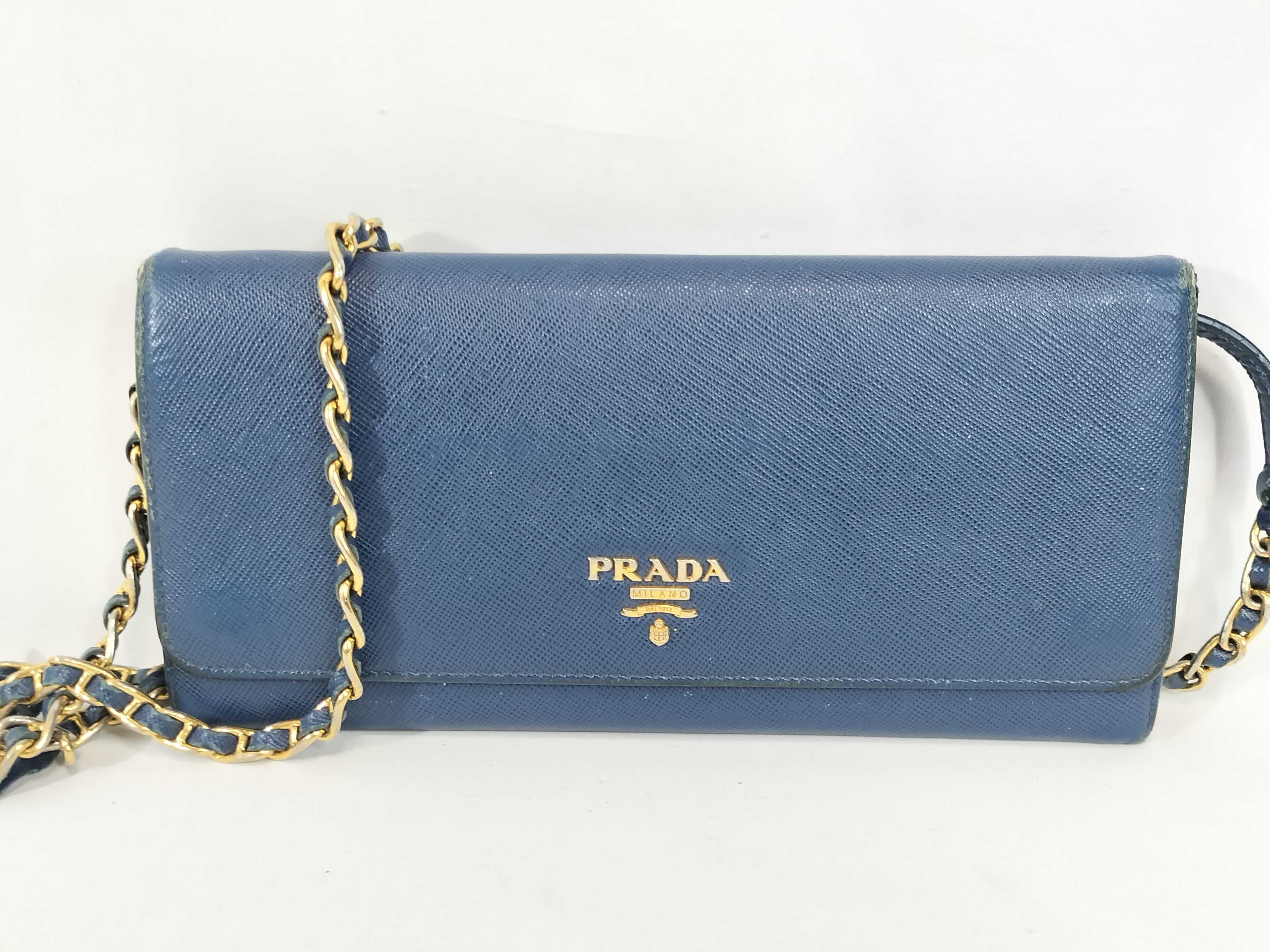 chain wallet, some wear inside, Saffiano leather shoulder bag.