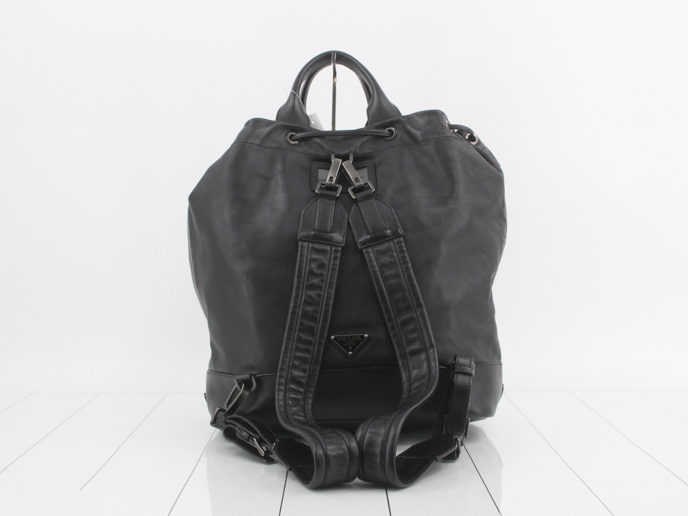 Leather Triangle Plate Drawstring Backpack, Black — view 2