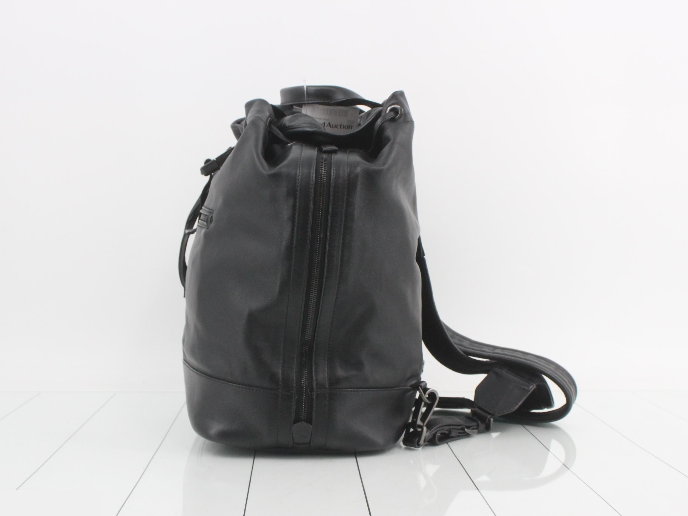 Leather Triangle Plate Drawstring Backpack, Black — view 3