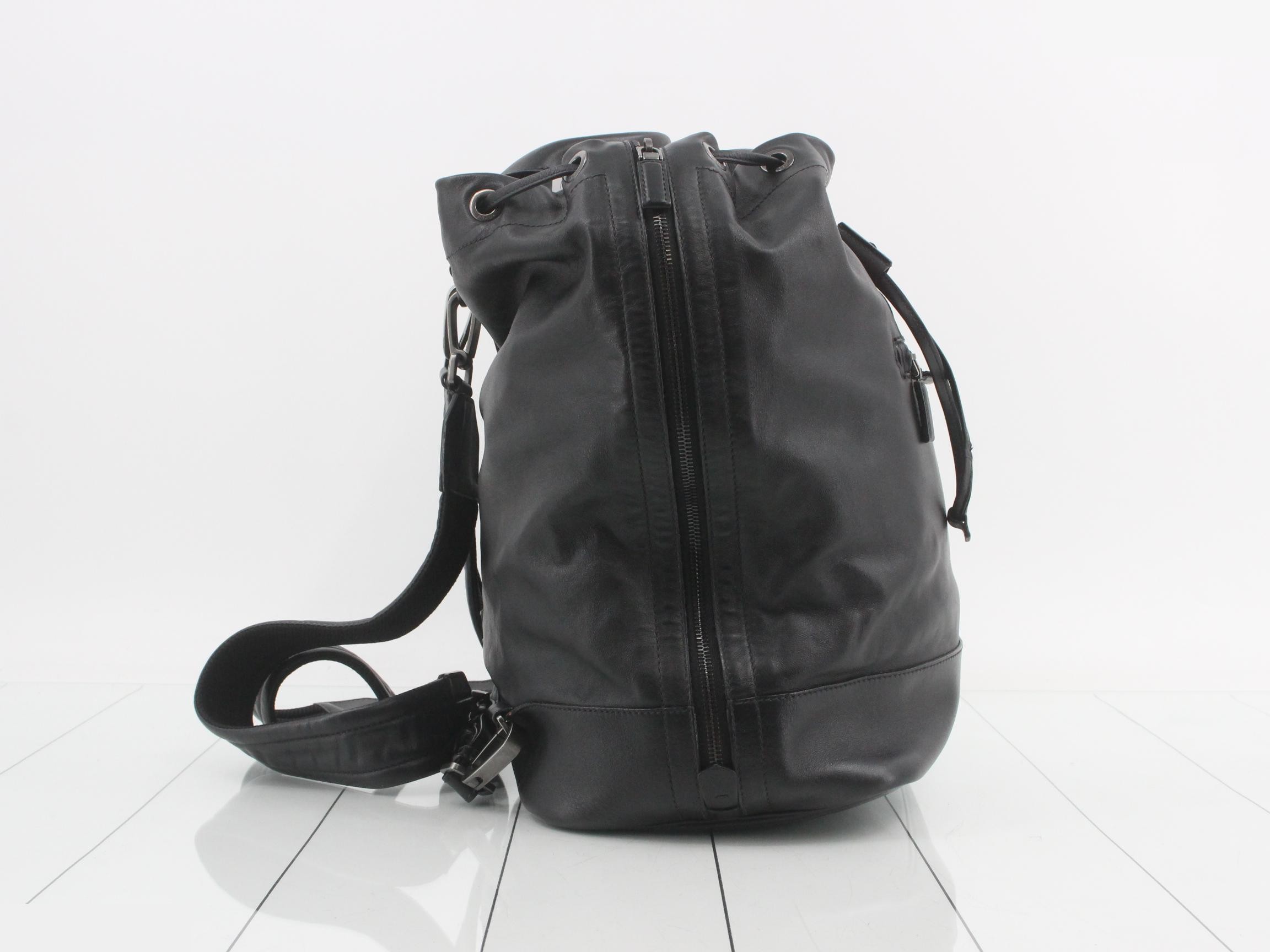 Leather Triangle Plate Drawstring Backpack, Black — view 4