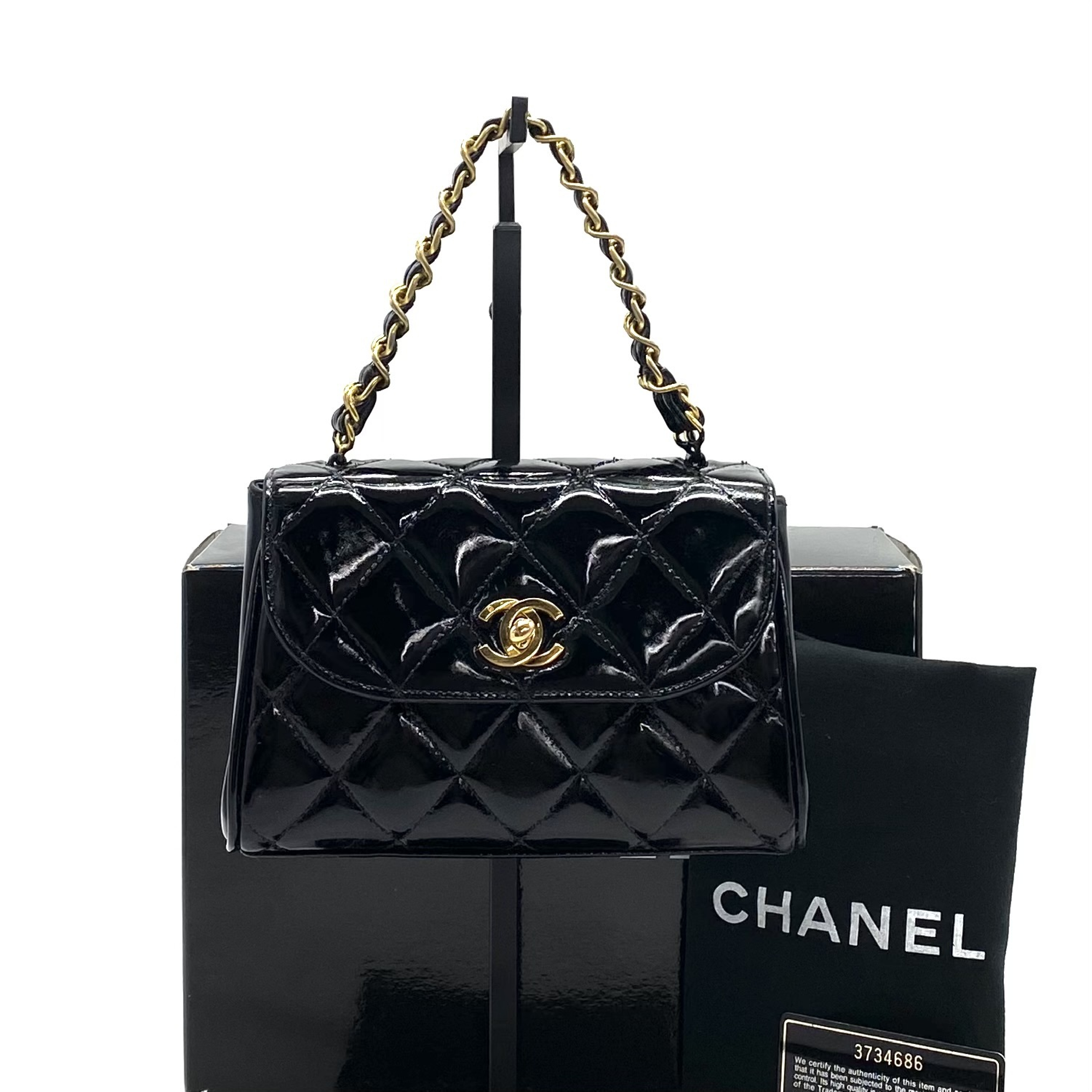 Mini Matelassé Coco Mark Turnlock Patent Double Chain Handbag