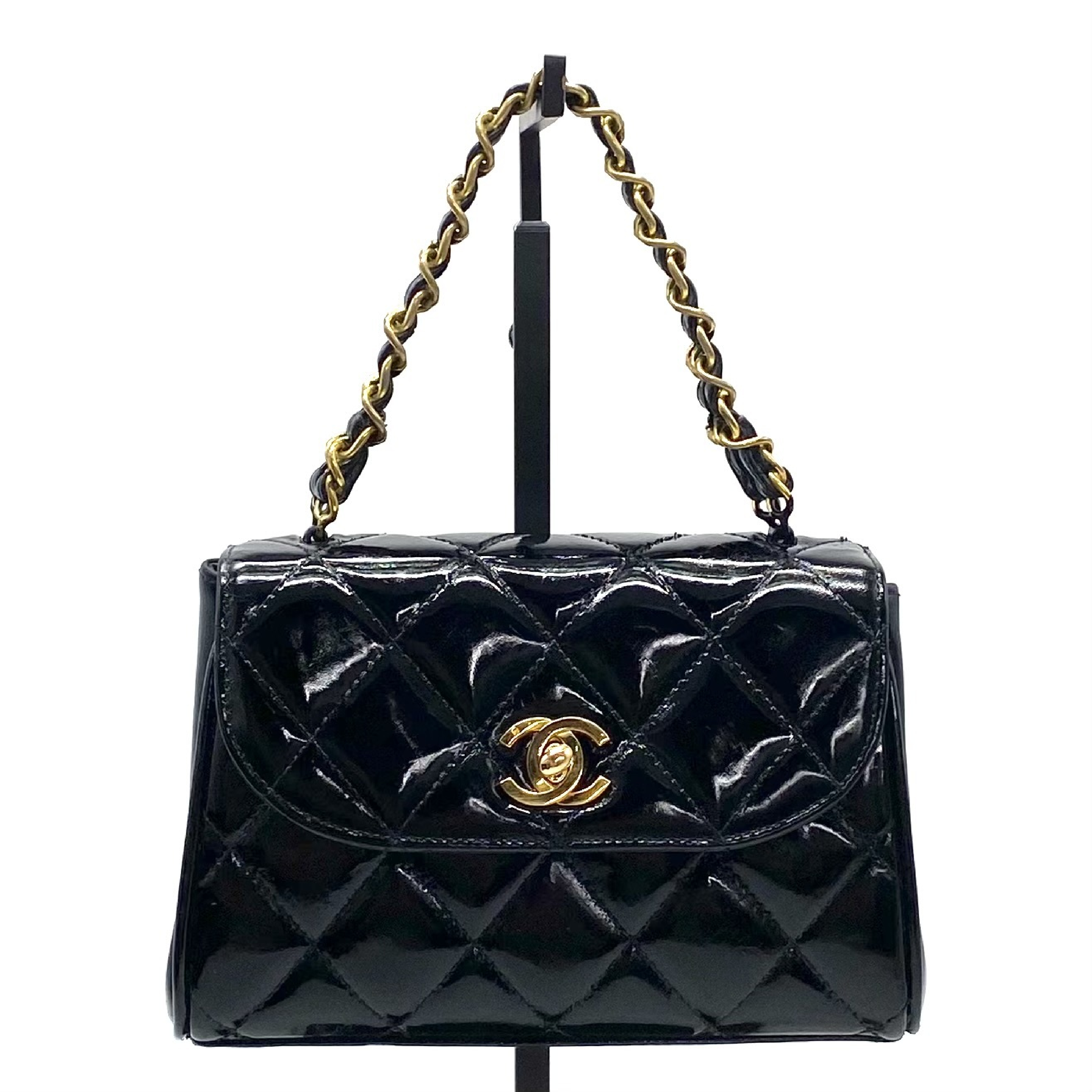 Mini Matelassé Coco Mark Turnlock Patent Double Chain Handbag — view 2