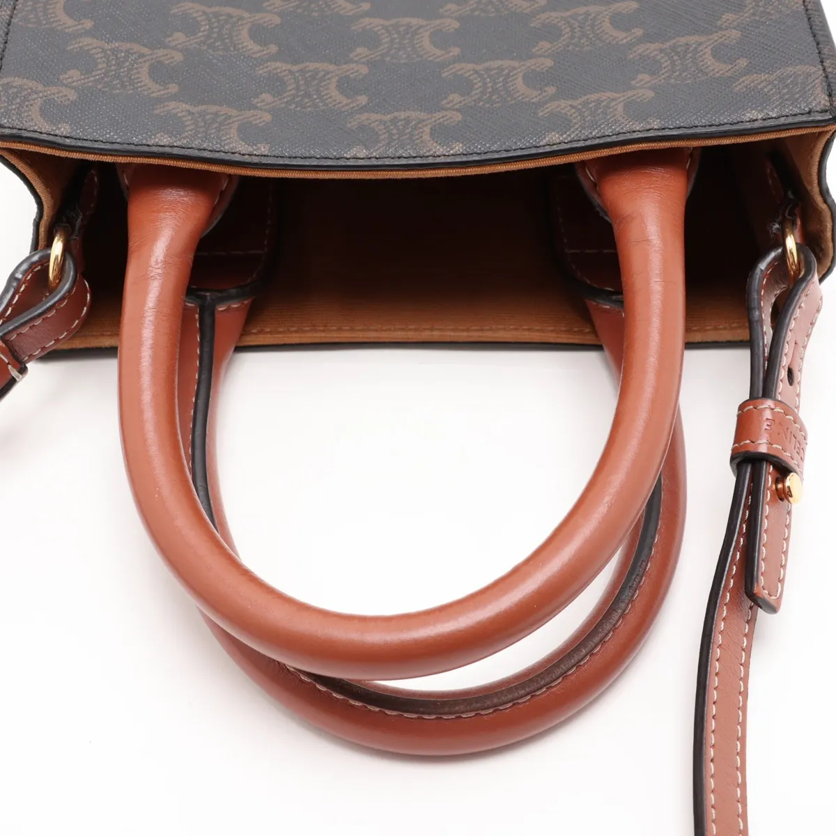 Triomphe Mini Vertical Cabas PVC x Leather 2-Way Handbag Brown — view 5