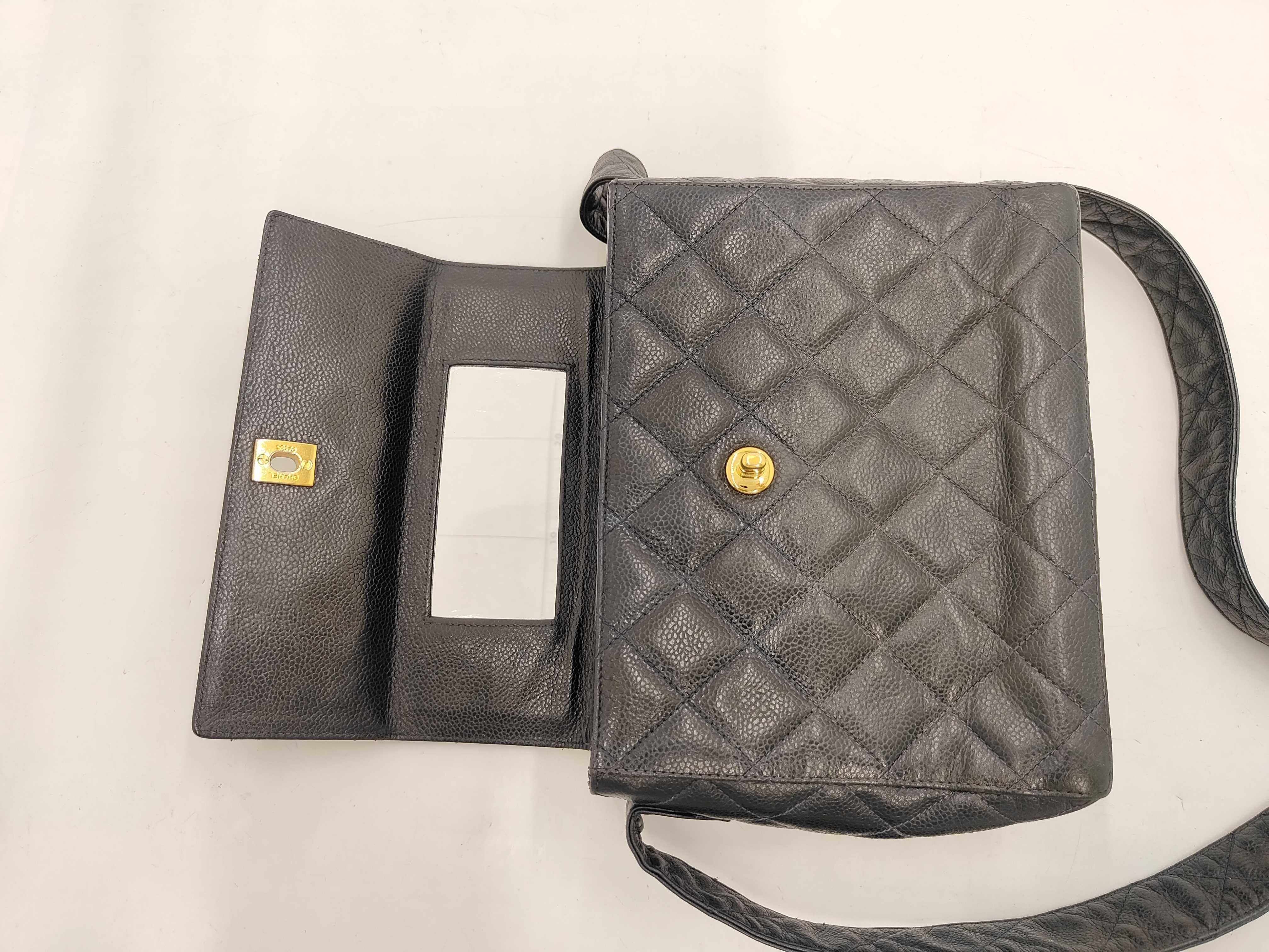 Caviar Skin Mirror Shoulder Bag, Black with Navy Interior — view 11