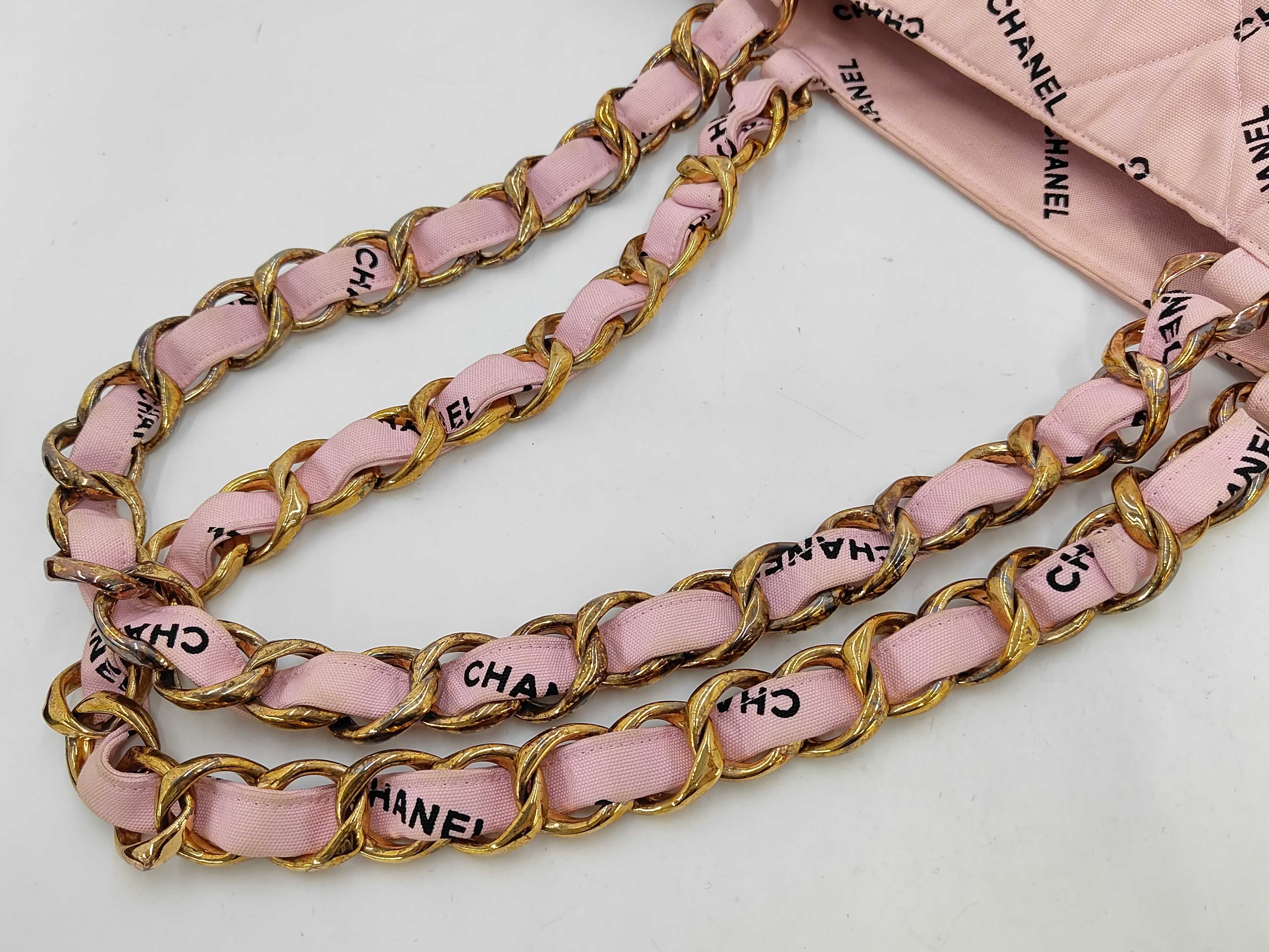 canvas chain bag with logo, pink, gold hardware, tote bag — view 3