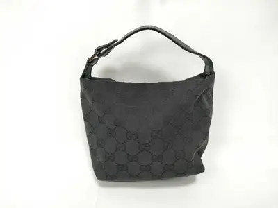handbag accessory pouch, leather and canvas, GG pattern, black.