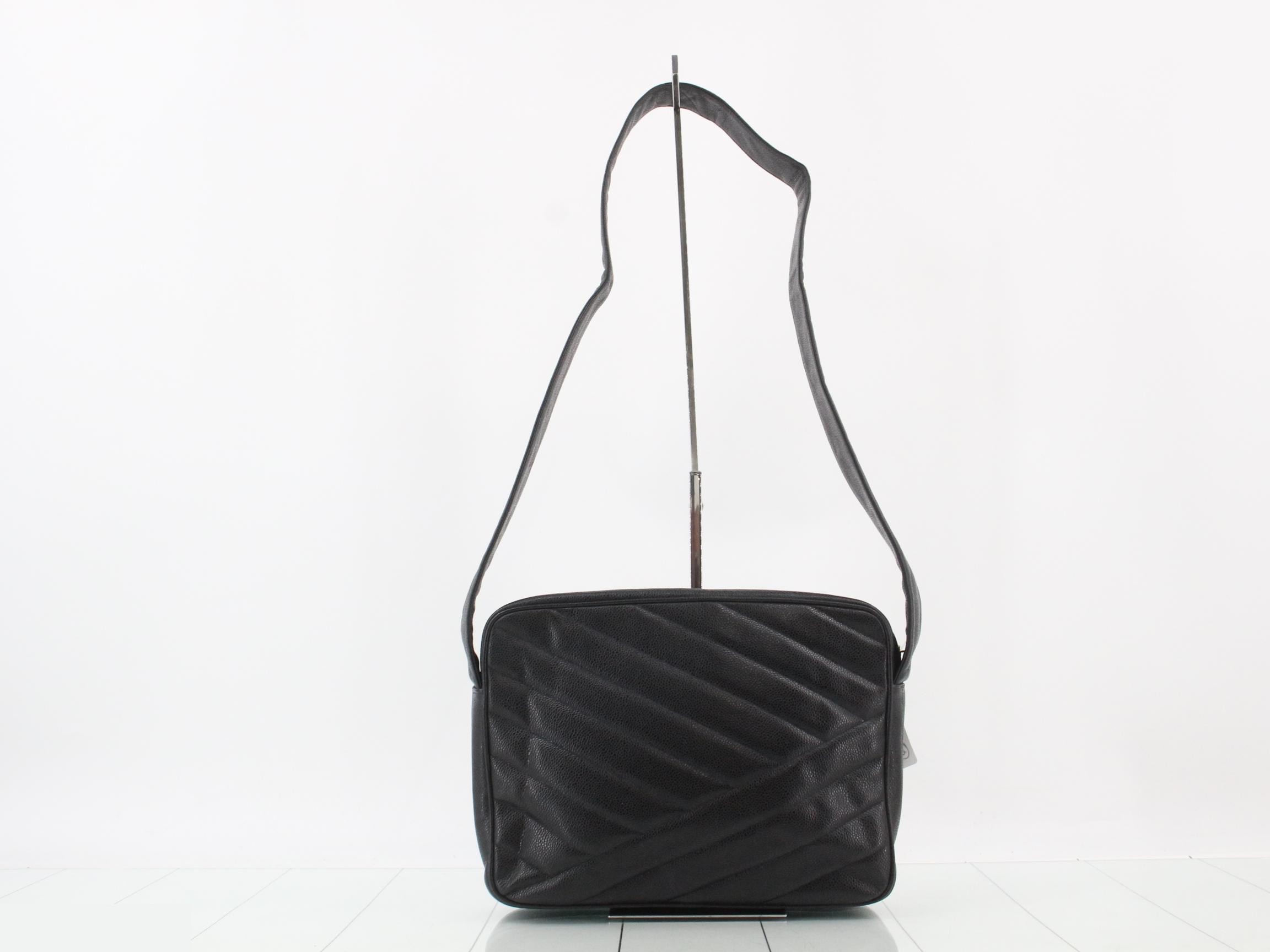 Caviar Skin Turnlock Shoulder Bag, Black — view 2