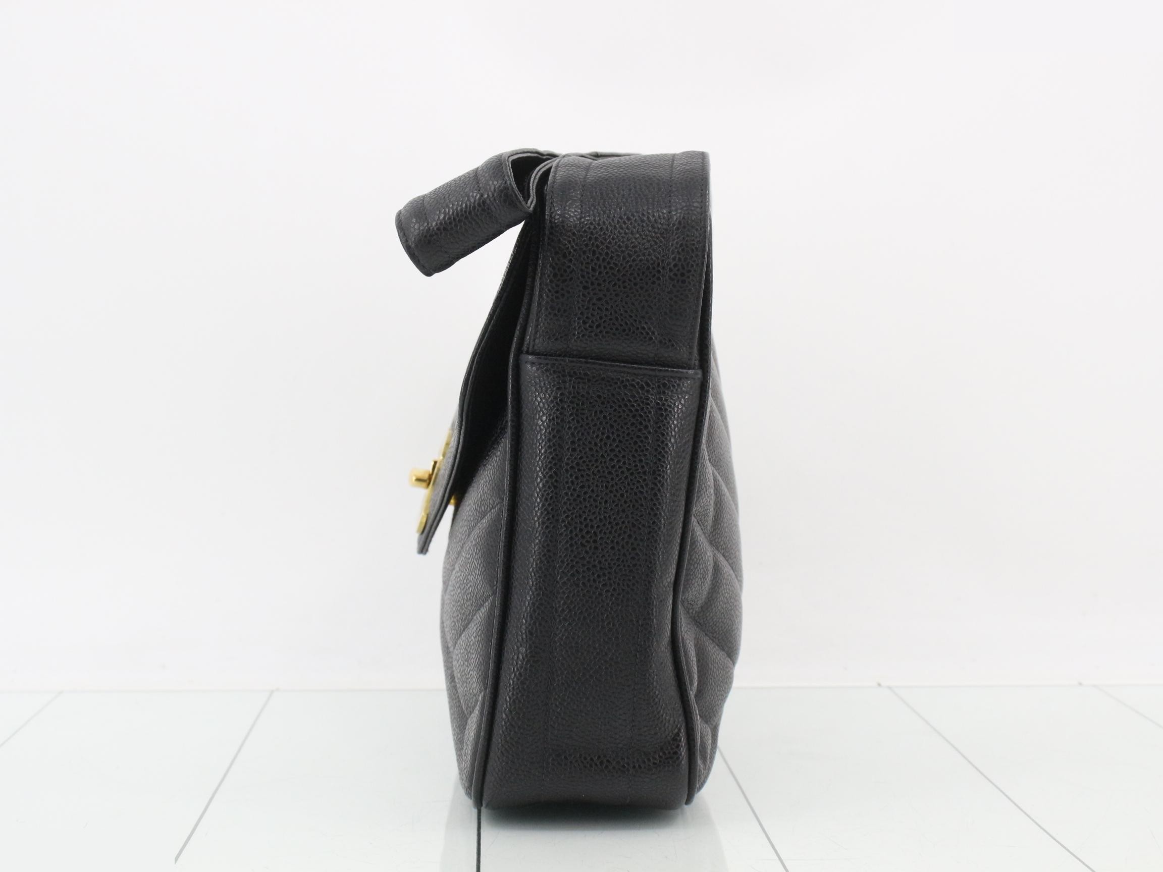 Caviar Skin Turnlock Shoulder Bag, Black — view 3