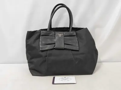 Nylon Leather Ribbon Handbag Black