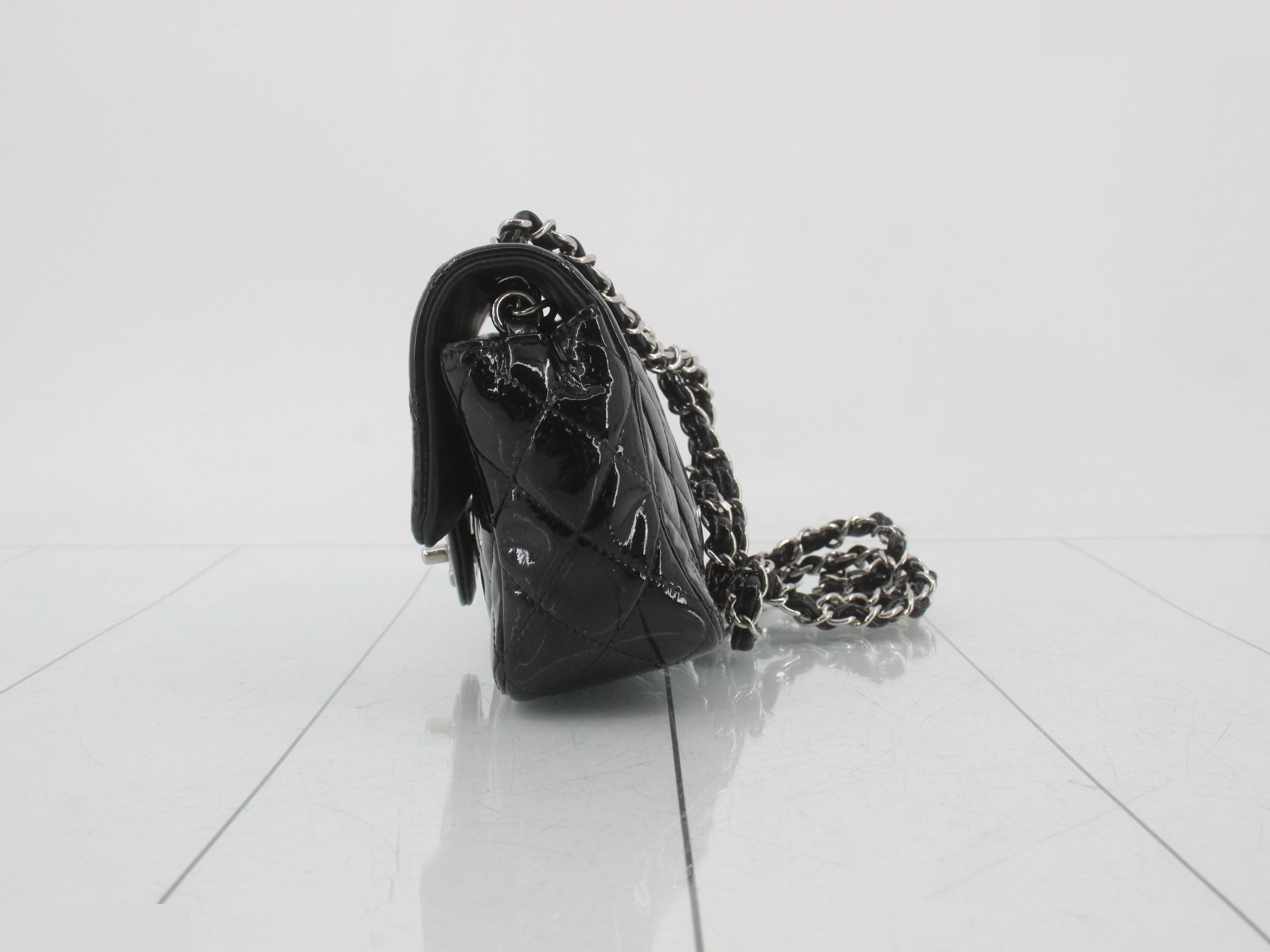 Matelassé patent leather shoulder bag, black, silver hardware, lambskin. — view 3