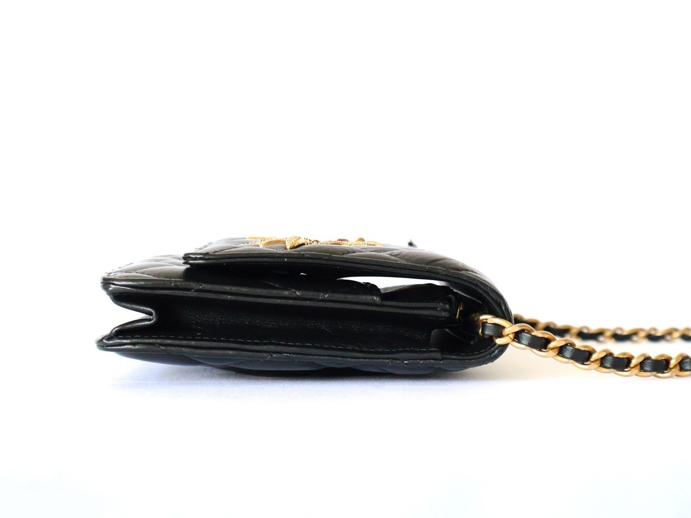 Matelassé Vintage Calf Charm Chain Wallet, Black — view 6