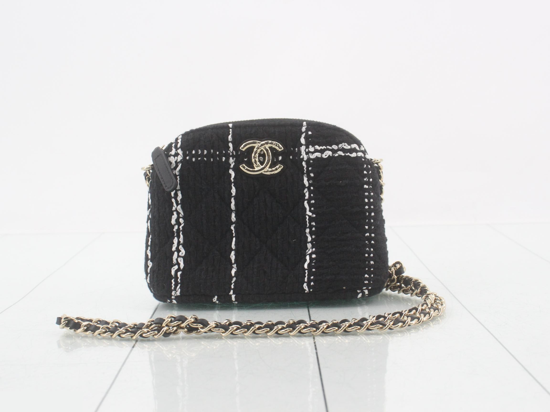 Matelassé Tweed Chain Shoulder Bag, Black