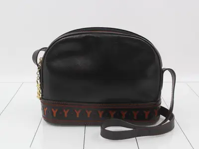 Logo Line Shoulder Bag, Leather, Black x Orange Brown