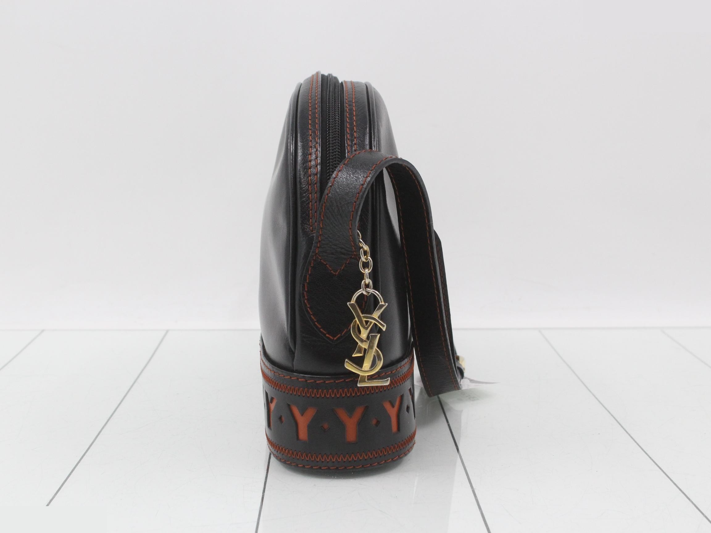 Logo Line Shoulder Bag, Leather, Black x Orange Brown — view 4