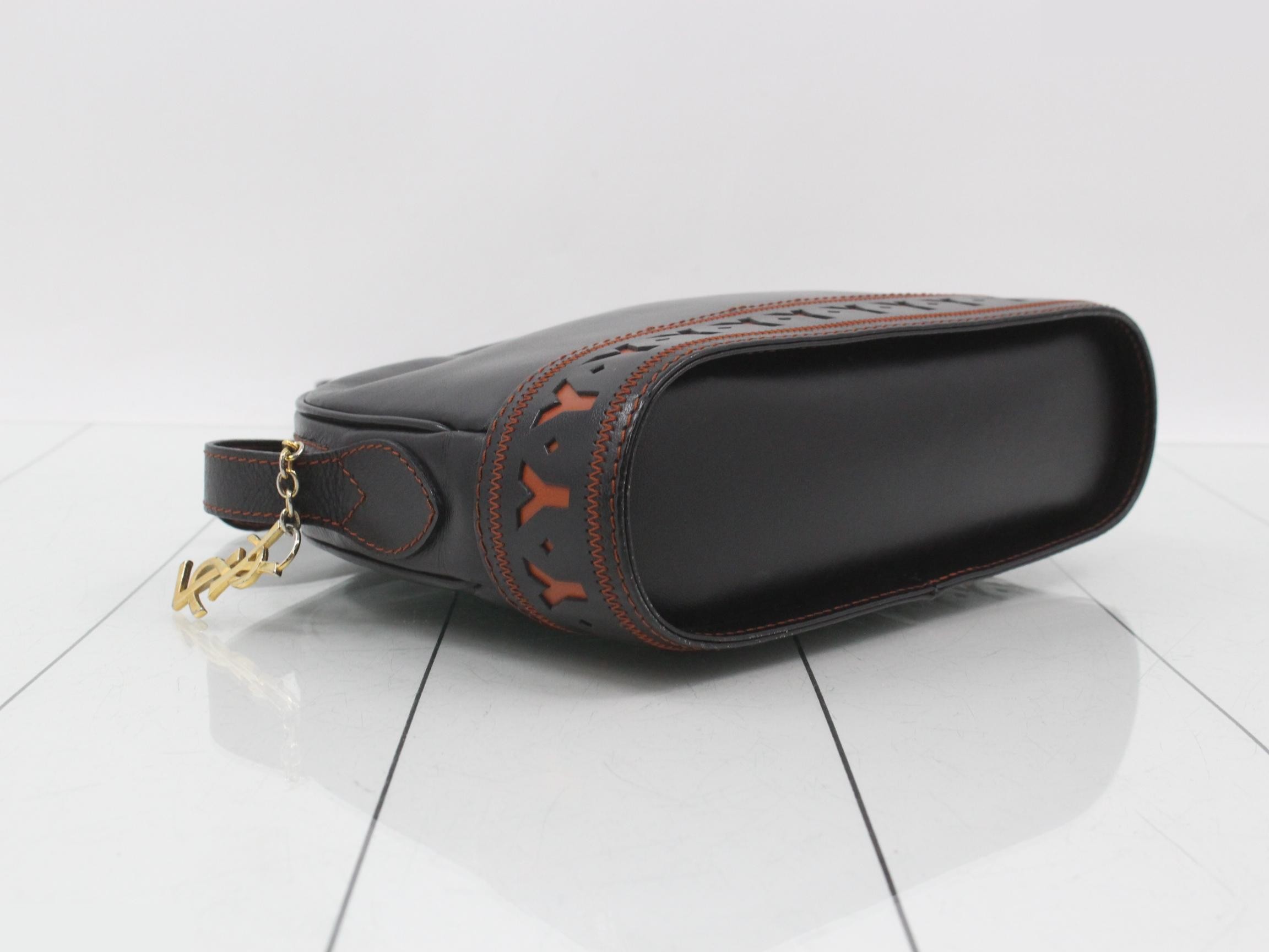 Logo Line Shoulder Bag, Leather, Black x Orange Brown — view 5