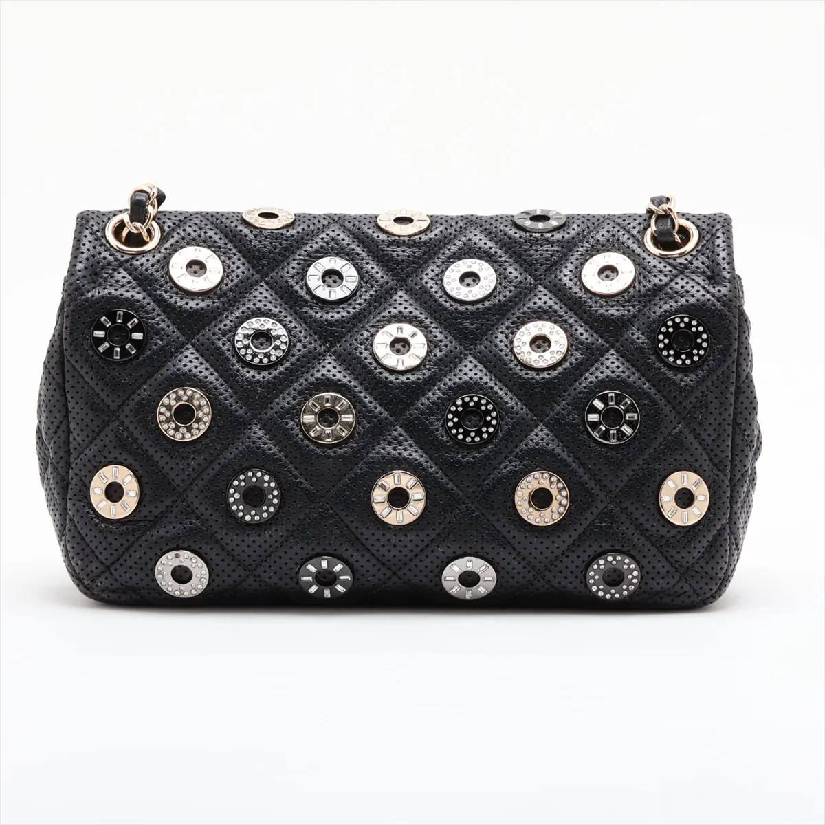 Matelassé Perforated Leather Single Flap Double Chain Bag, Black with Gold Hardware, 20664132 (Serial Number in the 20s) — view 2