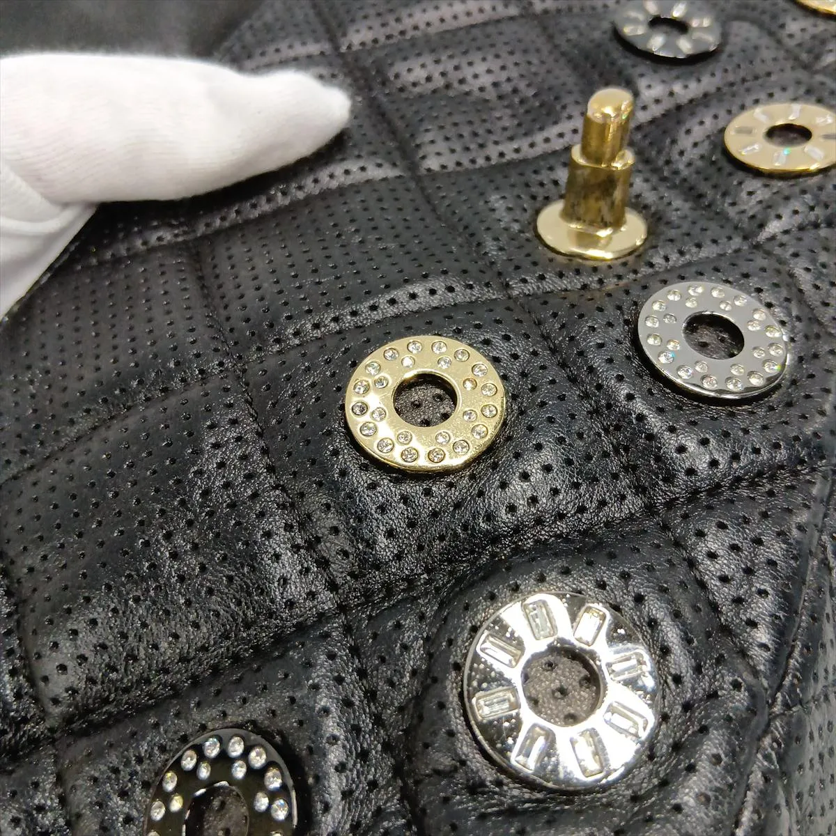 Matelassé Perforated Leather Single Flap Double Chain Bag, Black with Gold Hardware, 20664132 (Serial Number in the 20s) — view 12