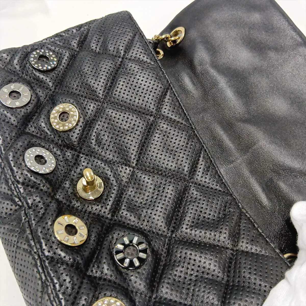 Matelassé Perforated Leather Single Flap Double Chain Bag, Black with Gold Hardware, 20664132 (Serial Number in the 20s) — view 13