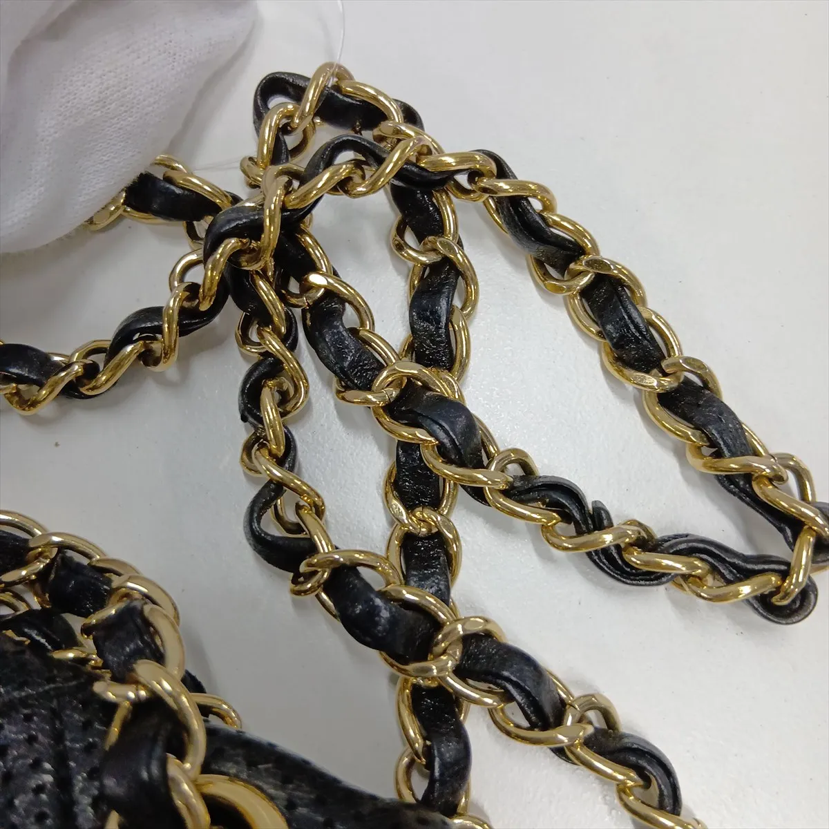 Matelassé Perforated Leather Single Flap Double Chain Bag, Black with Gold Hardware, 20664132 (Serial Number in the 20s) — view 14