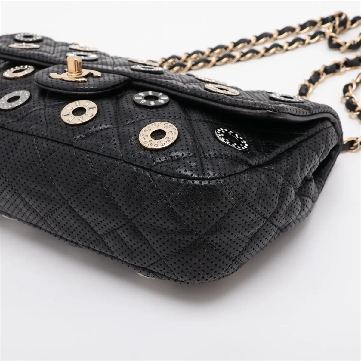 Matelassé Perforated Leather Single Flap Double Chain Bag, Black with Gold Hardware, 20664132 (Serial Number in the 20s) — view 3