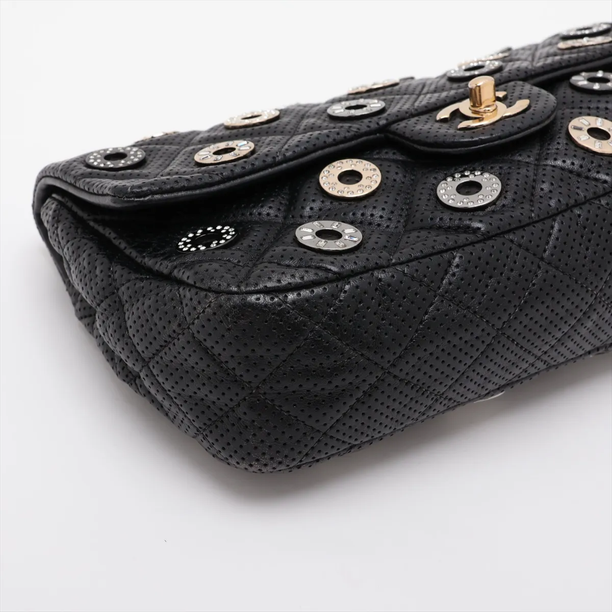 Matelassé Perforated Leather Single Flap Double Chain Bag, Black with Gold Hardware, 20664132 (Serial Number in the 20s) — view 4