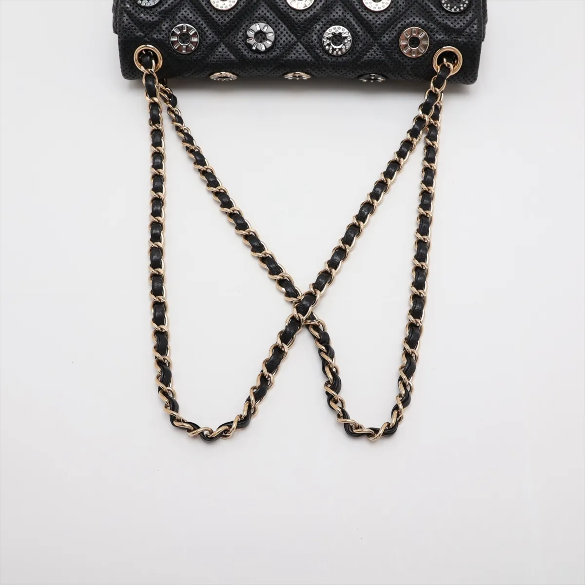 Matelassé Perforated Leather Single Flap Double Chain Bag, Black with Gold Hardware, 20664132 (Serial Number in the 20s) — view 5