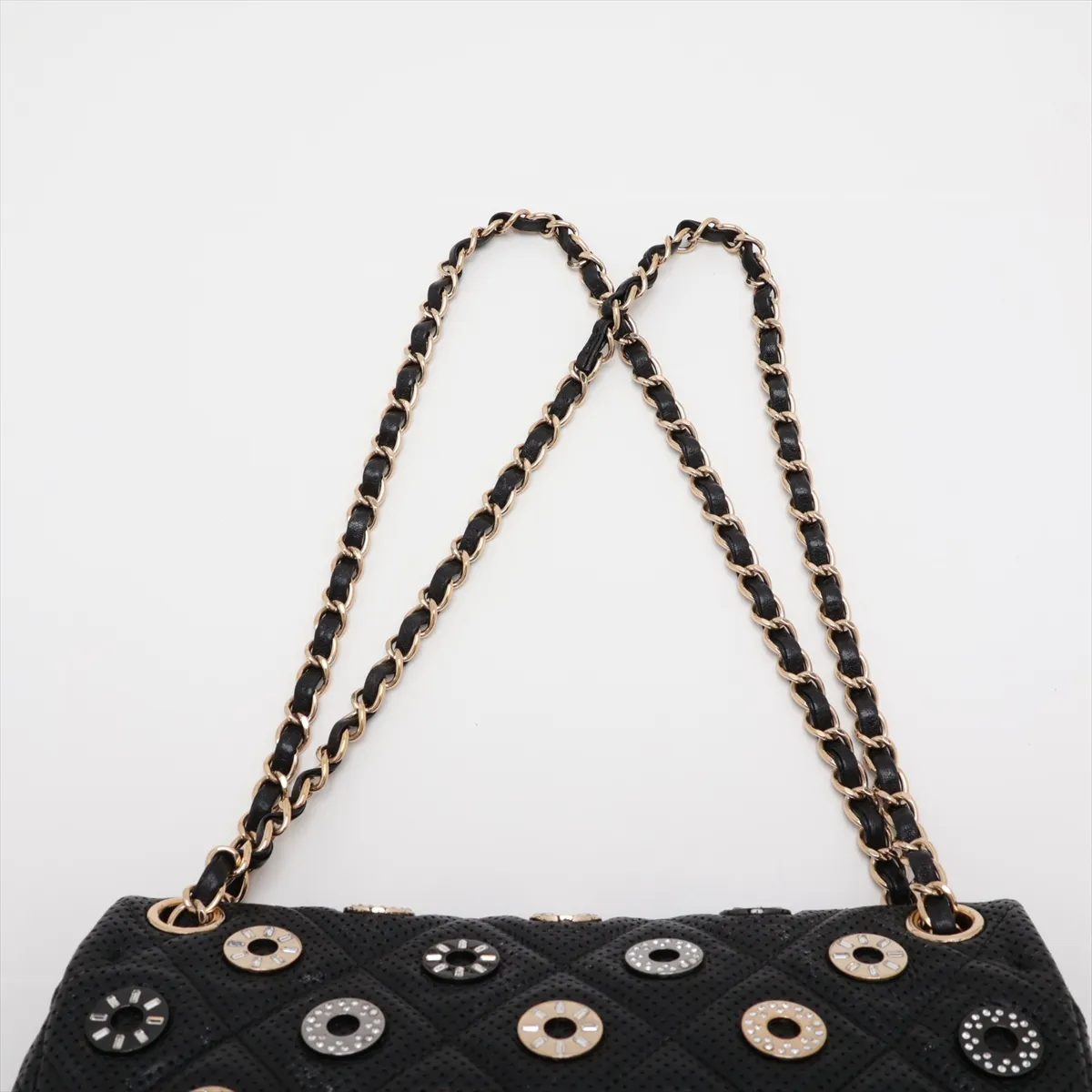Matelassé Perforated Leather Single Flap Double Chain Bag, Black with Gold Hardware, 20664132 (Serial Number in the 20s) — view 6