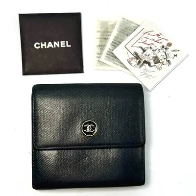 Double Snap Closure Coco Mark Compact Wallet, Black, No Serial Number Sticker
