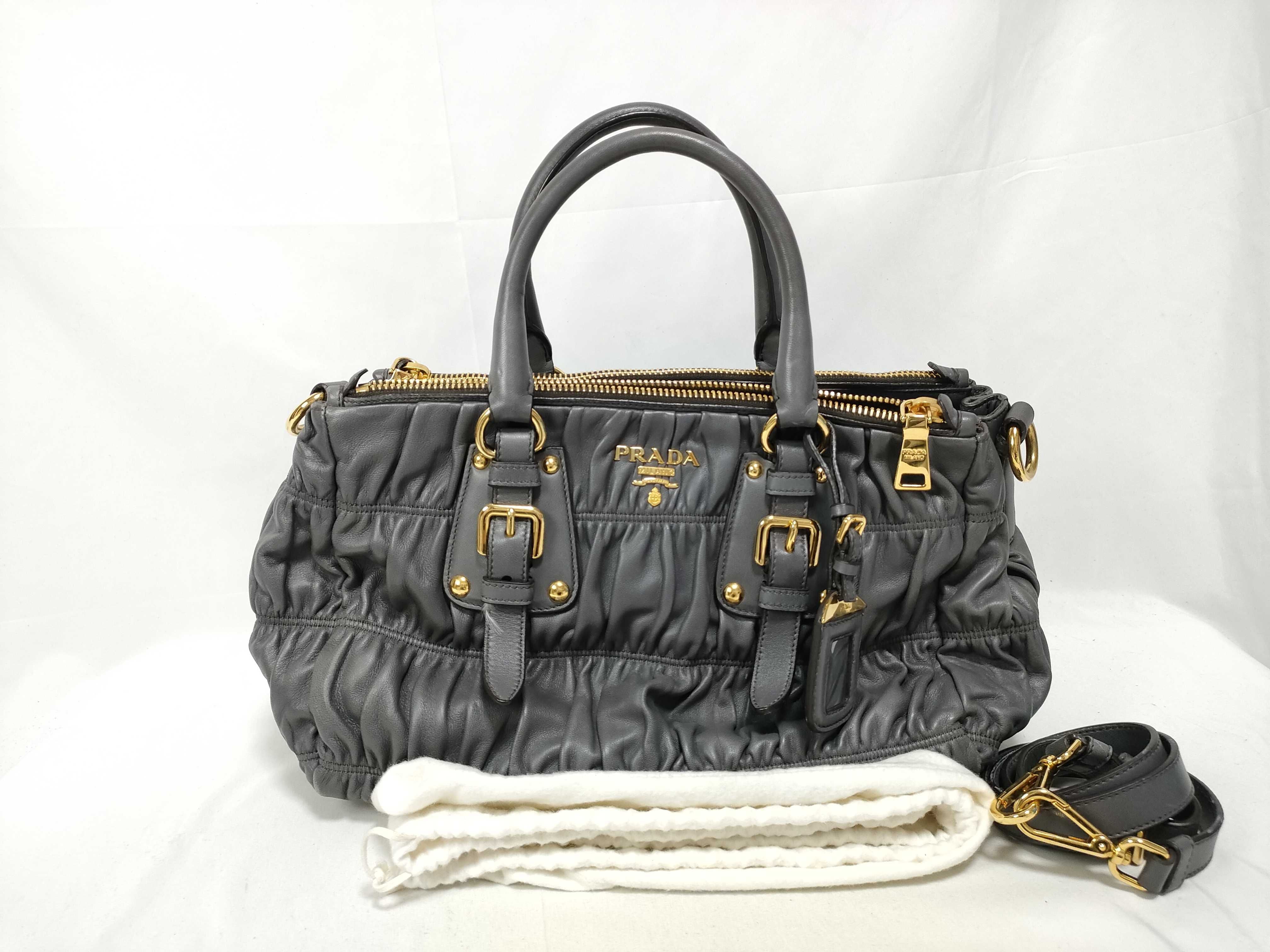 Leather Grey Nappa Gaufre 2-Way Handbag with Stitching Tag