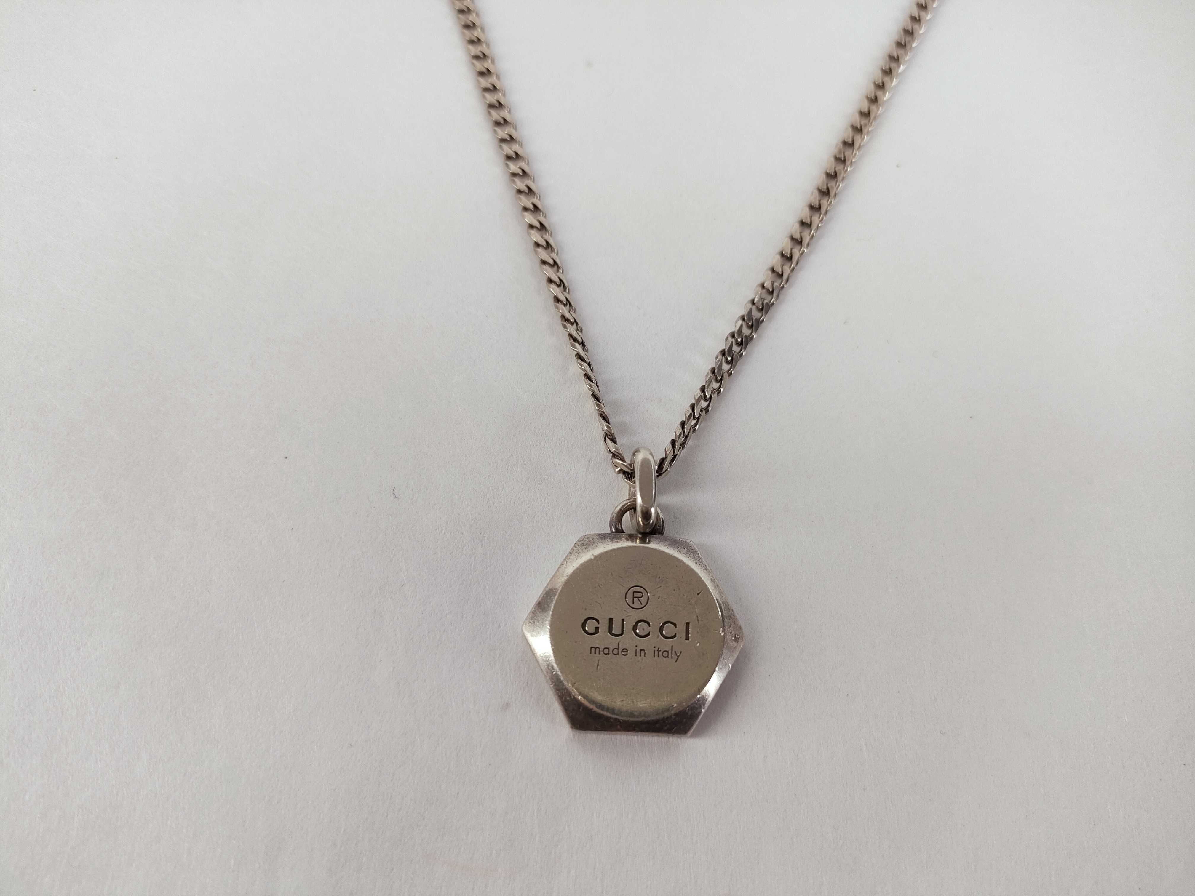 (Gucci) trademark hexagon logo sterling silver 925 necklace.
